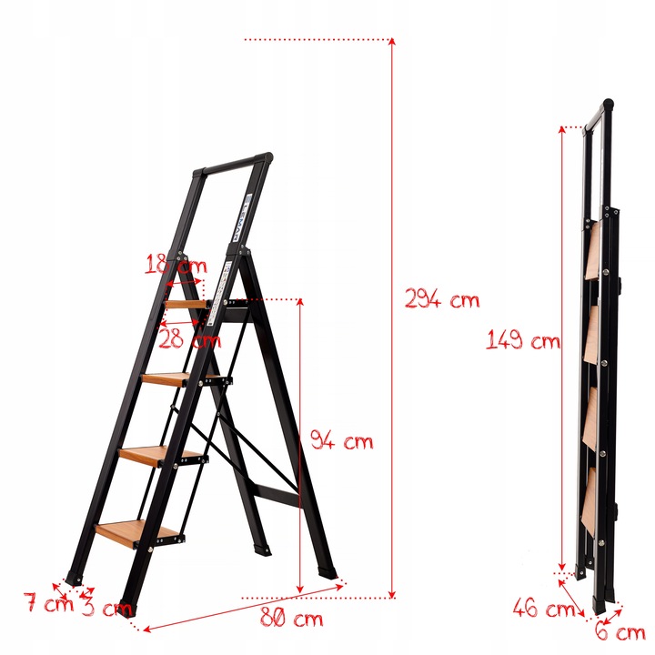 Drabina aluminiowa domowa składana 4 stopniowa LEMAR drewno Slim Space