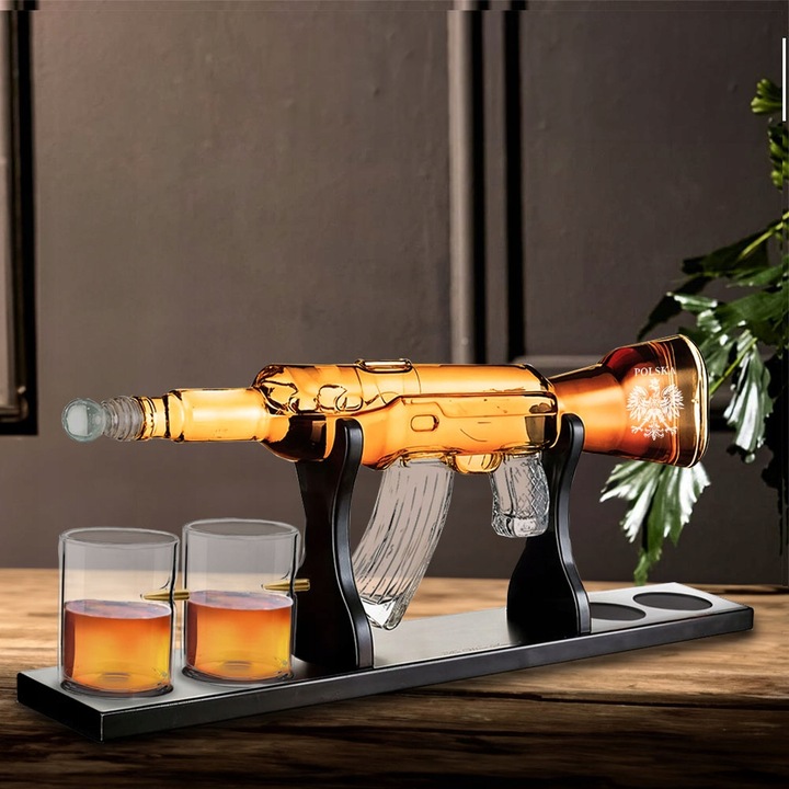 Zestaw do Whisky Karafka Karabin 4 Szklanki Grawer Prezent Urodziny Święta