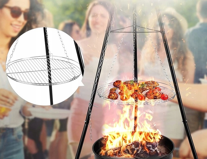 PALENISKO TRÓJNÓG GRILL OGRODOWY OGNISKOWY WISZĄCY DUŻY RUSZT CHROMOWANY 50