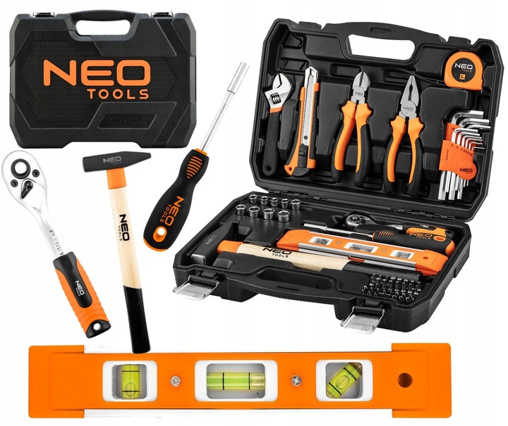 NEO ZESTAW NARZĘDZI KLUCZE NASADOWE 60 SZTUK TORX IMBUS MŁOTEK SZCZYPCE NÓŻ