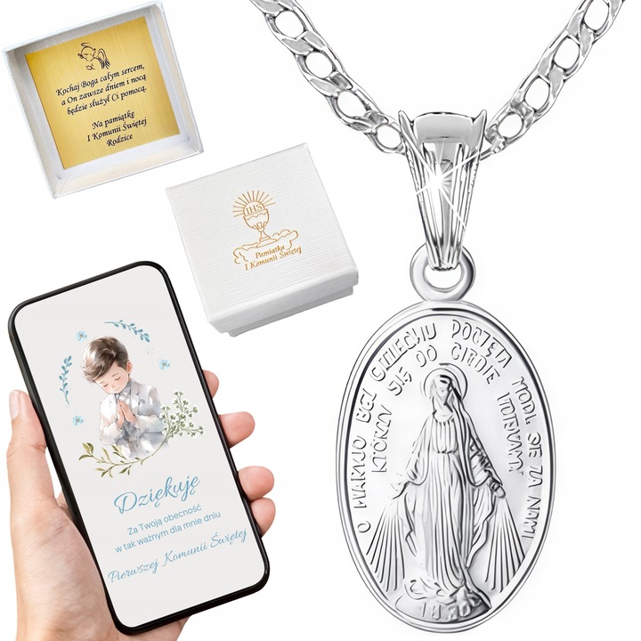 Medalik z Matką Boską Cudowna z łańcuszkiem 925 40 cm na święcenie Komunia