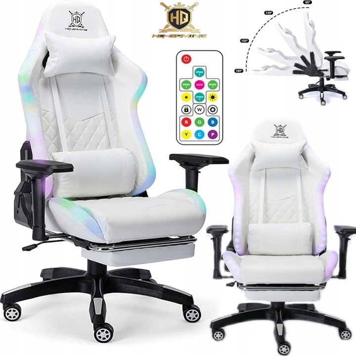 FOTEL GAMINGOWY BIUROWY WYGODNY KRZESŁO GRACZA OBROTOWY +RGB LED I PODNÓŻEK