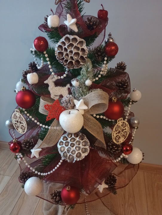 Choinka NA PNIU ubrana Z DEKORACJĄ ozdobami ubrana 100 cm z lampkami LED