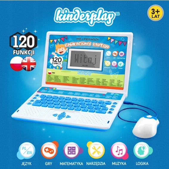 KINDERPLAY LAPTOP DLA DZIECI EDUKACYJNY DO NAUKI LITEREK LICZENIA 120 OPCJI