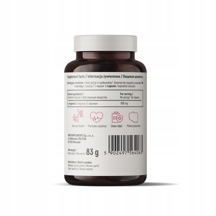 UNS L-ARGININE 90 KAPS LIBIDO SIŁA POMPA POTENCJA
