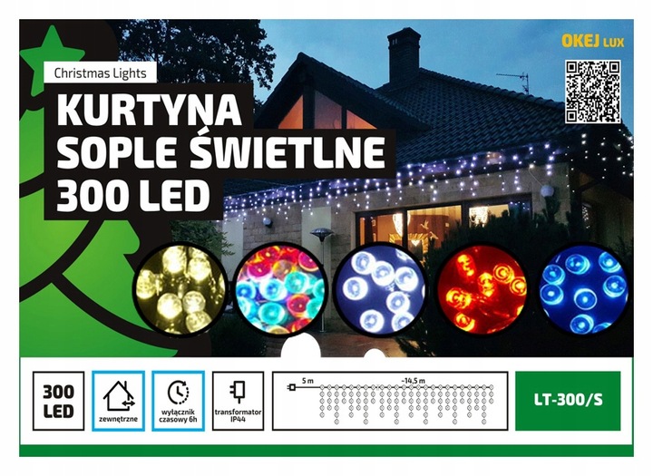 KURTYNA SOPLE 300LED 15m ZEWNĘTRZNE TIMER NIEBIESK