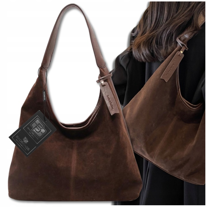 Torebka Damska Zamszowa BAD&BAGS Na Ramię Torba Pojemna Brązowa Elegancka