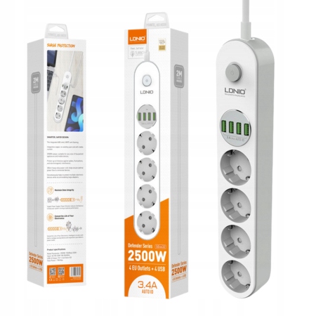 LDNIO LISTWA ZASILAJĄCA PRZEDŁUŻACZ 4 GNIAZDAMI AC 4 PORTY USB Z KABLEM 2M