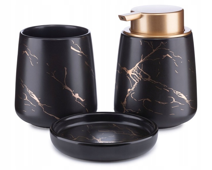 Komplet łazienkowy Sally Black Gold zestaw 3 el dozownik mydelniczka GLAM