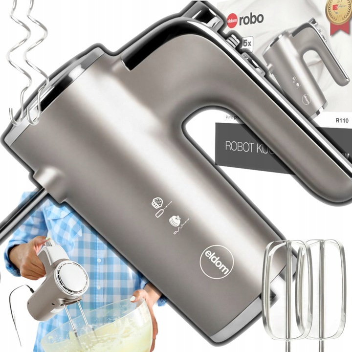 MOCNY Mikser ręczny 5 biegów TURBO MOC 400W INOX SOLIDNY 4 TRZEPACZKI