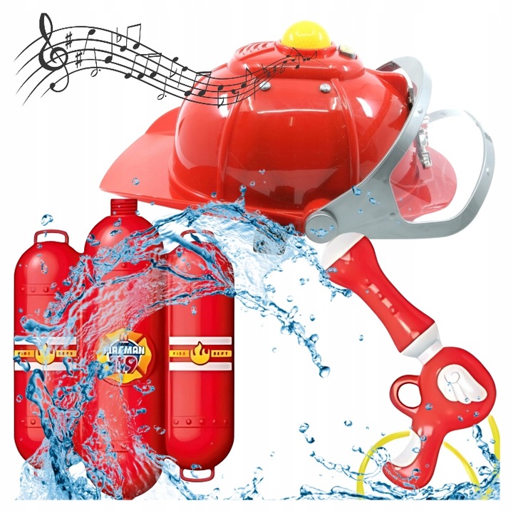 KASK STRAŻACKI Interaktywny + PISTOLET na WODĘ ze zbiornikiem MAŁY STRAŻAK