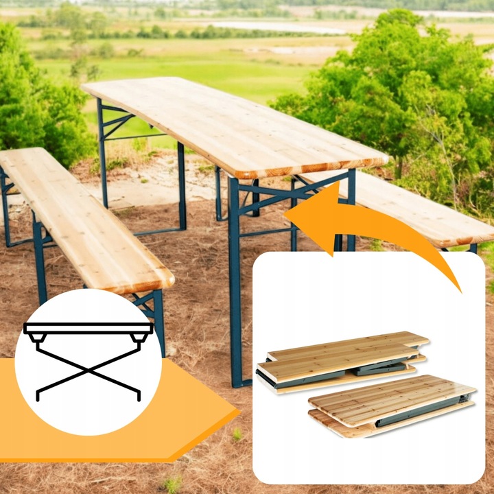 zestaw biesiadny 220cm drewniany skladany stol i ławki Komplet Piwny Barowy