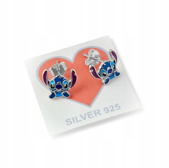 Pr.925 Srebrne bajkowe kolczyki Stich dla dziewczynki - HIT kolorowy Stitch