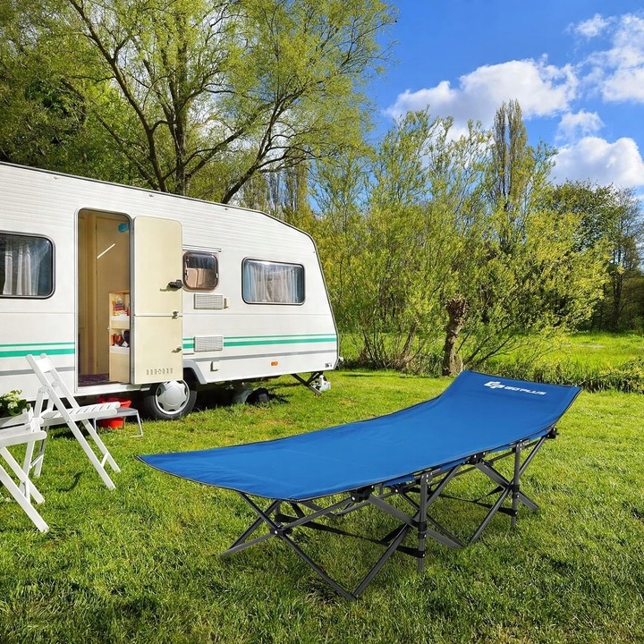 Składane łóżko polowe z ściętym zagłówkiem i boczną kieszenią niebieskie
