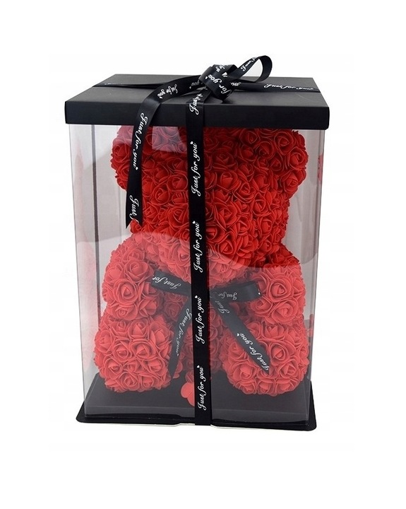 Misiek z Kwiatów Róż ZŁOŻONE PUDEŁKO Prezent na Walentynki MIŚ + Lampki Led