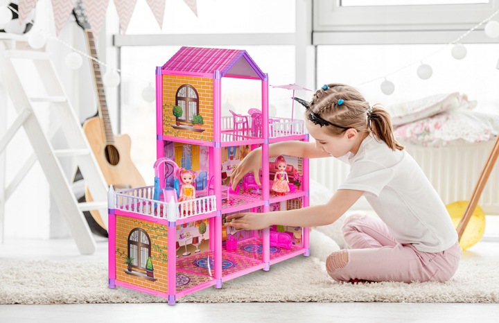 Domek dla Lalek 2 Laleczki 3 Piętra Mebelki Do Zestawu Dla Dzieci Akcesoria
