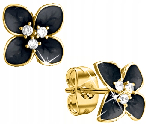 Kolczyki wkrętki kwiatki czarne wkrętki sztyfty srebro 925 pozłacane