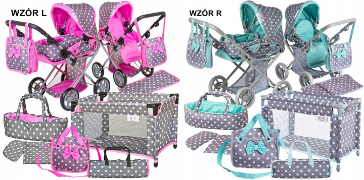 Wózek dla lalek 3w1 ZESTAW XXL -NOSIDŁO ŁÓŻECZKO POŚCIEL TORBA PRZEWIJAK