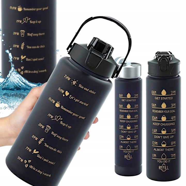 MOTYWACYJNA BUTELKA Z MIARKĄ DO WODY ZESTAW 3 BIDONY 3W1 2000ML 900ML 300ML