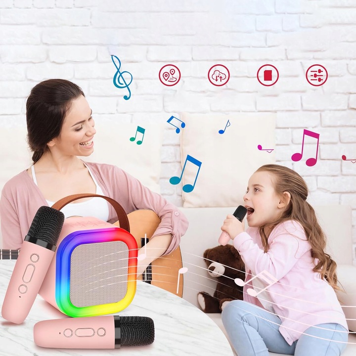 MASZYNA KARAOKE DŹWIĘK STEREO GŁOŚNIK BLUETOOTH 3 TRYBY LED 2 MIKROFONY
