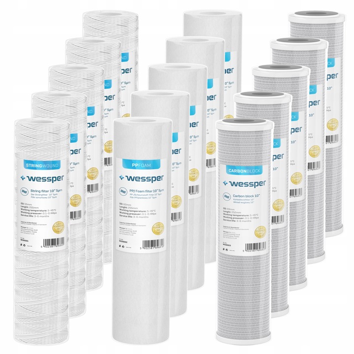 Zestaw filtrów wkładów do filtracji wstępnej węglowy PP sznurkowy 15 szt