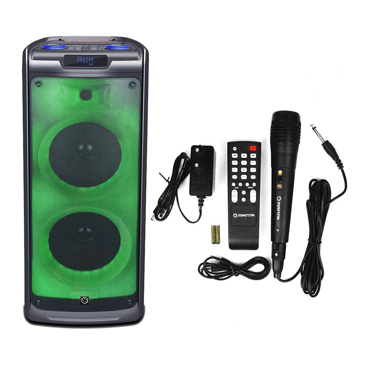 GŁOŚNIK BLUETOOTH PRZENOŚNY KARAOKE MANTA 100W USB