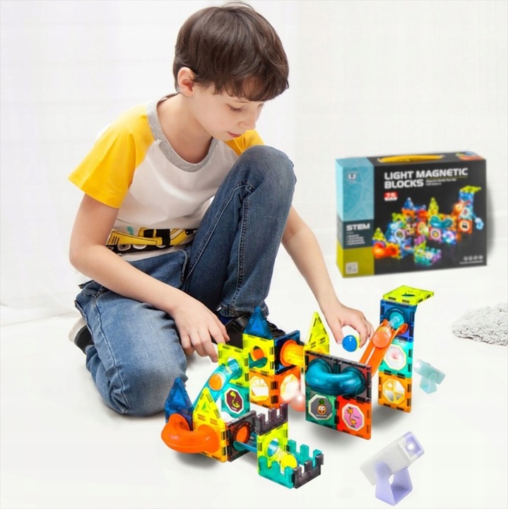 KLOCKI MAGNETYCZNE KONSTRUKCYJNE LABIRYNT UKŁADANKA ŚWIECĄCY TOR 75 el