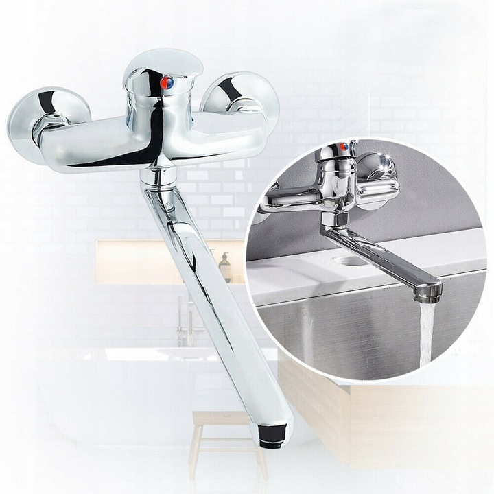 BATERIA KUCHENNA ŚCIENNA UMYWALKOWA OBROTOWA DŁUGA WYLEWKA KRAN DO KUCHNI