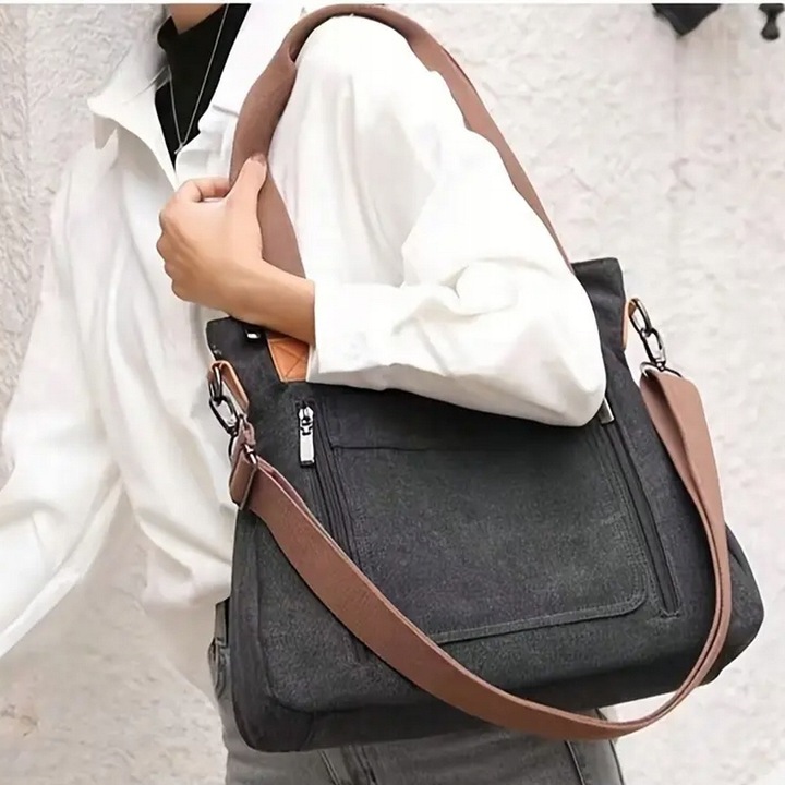 Torebka Miejska Worek Pojemna Na Ramię Grafitowa Czarna Damska Tkanina