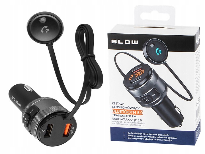 TRANSMITER BLUETOOTH SAMOCHODOWY ŁADOWARKA ZESTAW GŁOŚNOMÓWIĄCY USB QC3.0