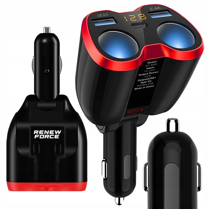 Rozdzielacz Gniazda Zapalniczki 12-24V Ładowarka 2xUSB QC Woltomierz 150W