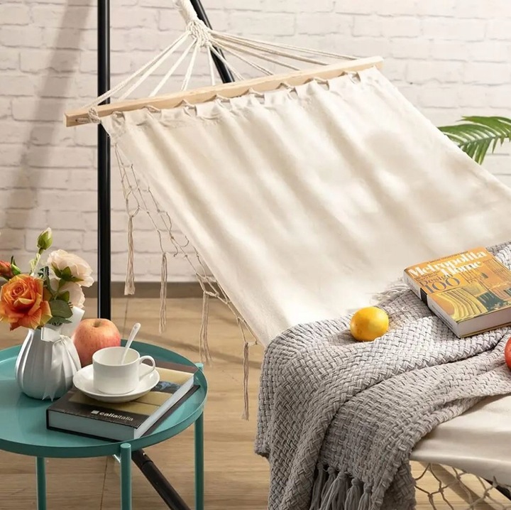 HAMAK OGRODOWY BOHO MAKRAMOWY DRĄŻEK PAŁĄK JEDNOOSOBOWY POKROWIEC BEŻOWY