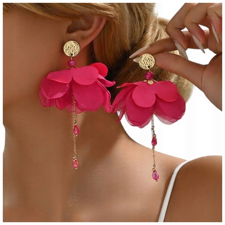 Kolczyki Sztyfty Kolor Złote Fuksja Kwiaty Kwiatki Koła Kółka Materiał 110m