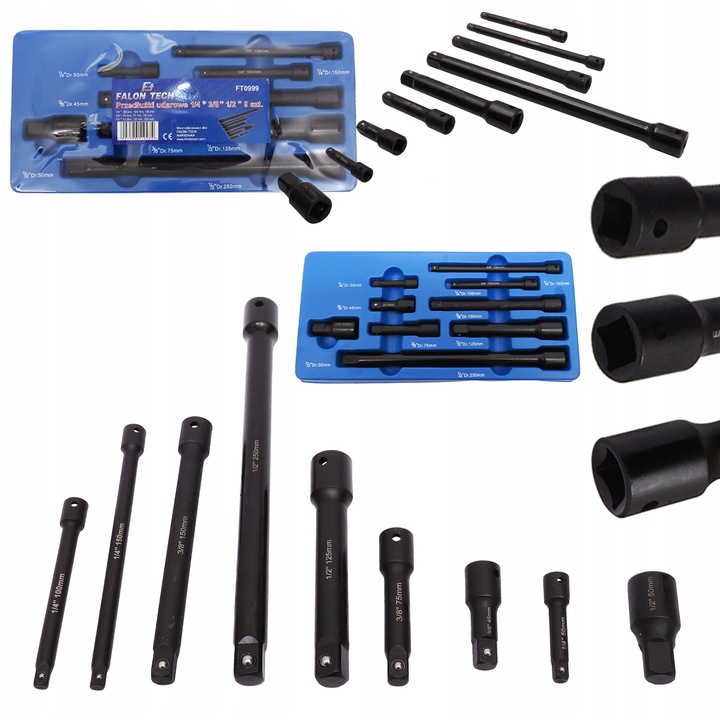 ZESTAW PRZEDŁUŻEK UDAROWYCH 9 EL. PRZEDŁUŻKI UDAROWE 1/4 3/8 1/2 DO KLUCZY