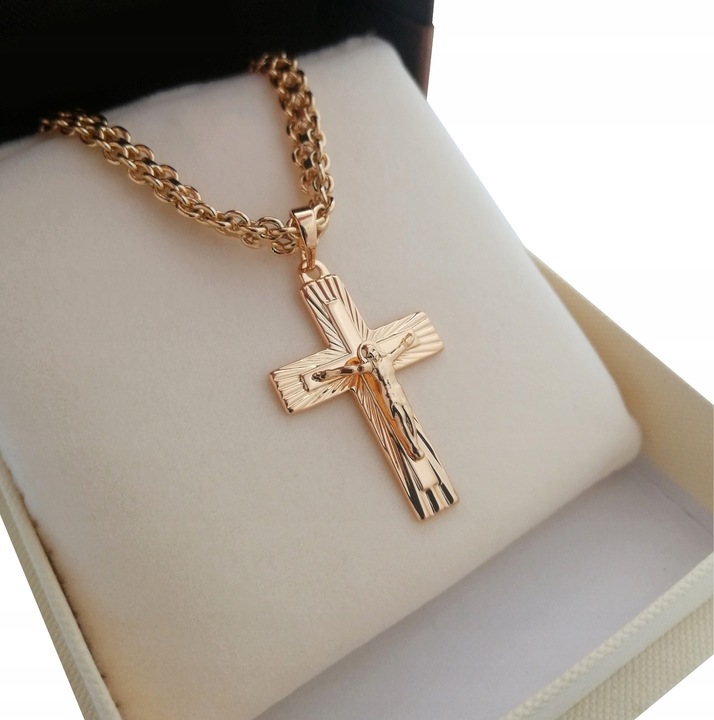 ZŁOTY ŁAŃCUSZEK BISMARK 50CM 5MM Z KRZYŻYKIEM STAL CHIRURGICZNA 18K PREZENT