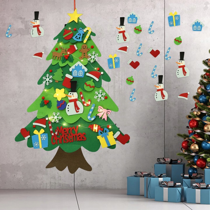 CHOINKA FILCOWA NA RZEPY Z OZDOBAMI DLA DZIECI ŚWIATEŁKA 50 LED NA ŚCIANĘ