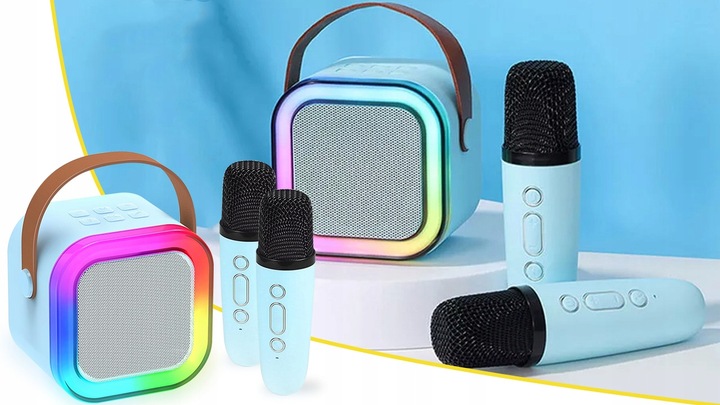 ZESTAW GŁOŚNIK BLUETOOTH PRZENOŚNY KARAOKE RGB 2 MIKROFONY USB SD MINI JACK