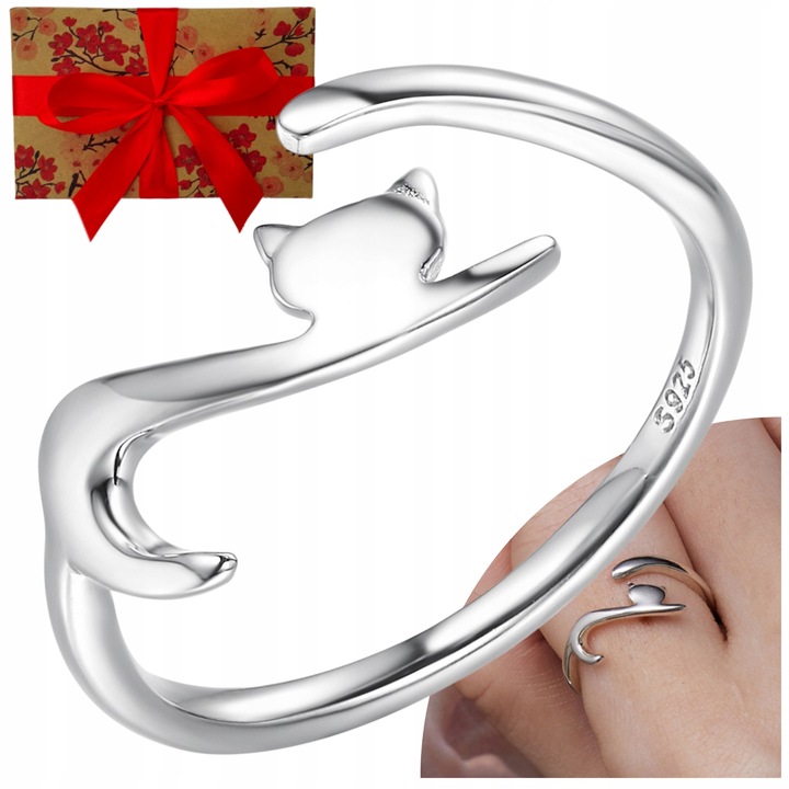 PIERŚCIONEK SREBRNY 925 KOT REGULOWANY PRZYTULANIE SREBRO 925