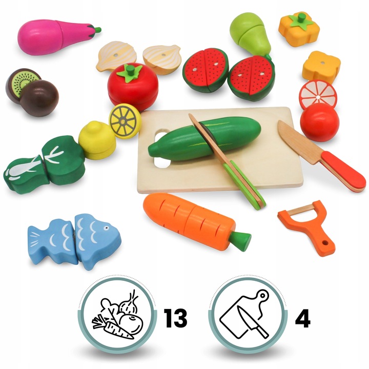 Drewniane Owoce i Warzywa Do Krojenia Zestaw XXL ze Skrzynką 17 elementów
