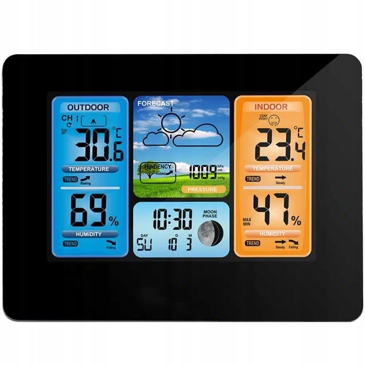 STACJA POGODOWA Higrometr Barometr Termometr Zegar Data BEZPRZEWODOWA