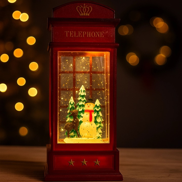 Budka Telefoniczna Świąteczna z Bałwankiem, Pozytywką i Brokatem LED