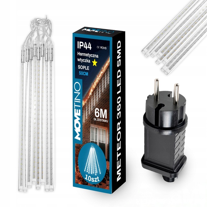 DŁUGIE SOPLE METEORY KURTYNA ŚWIETLNA LAMPKI CHOINKOWE 360LED 50cm B. ZIMNY