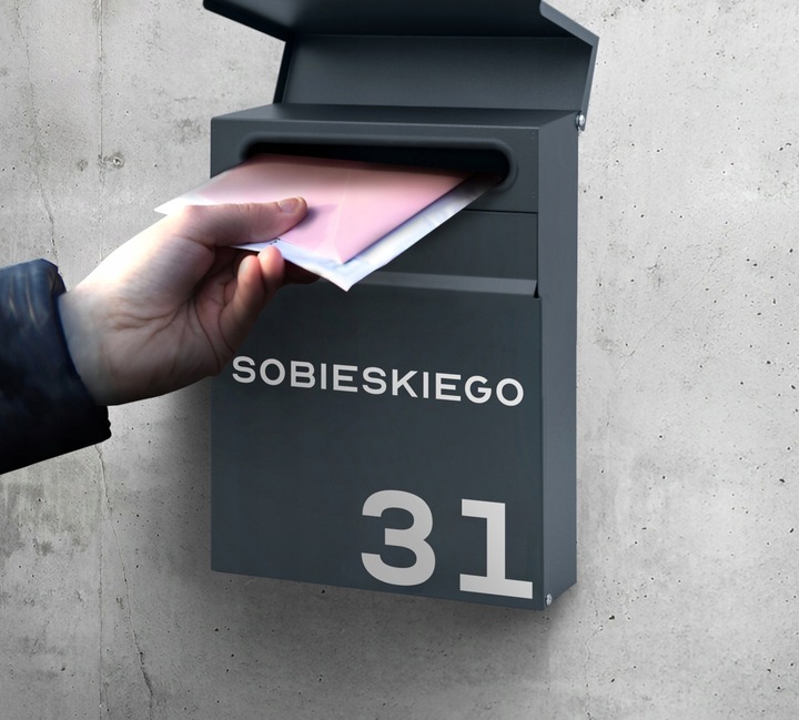 SKRZYNKA POCZTOWA NA LISTY POCZTĘ ANTRACYT + NAPIS ADRES ULICA NUMER