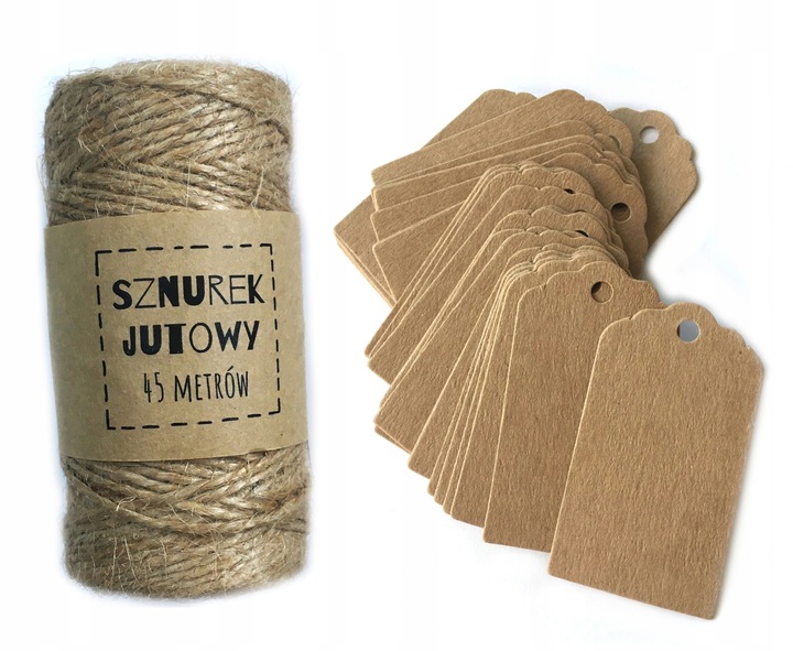 100 szt Zawieszki papierowe Etykiety metki Sznurek jutowy 45mb do prezentów