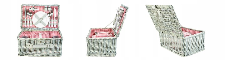 Duży kosz piknikowy z zestawem sztućców talerzy dla 4 osób biała wiklina