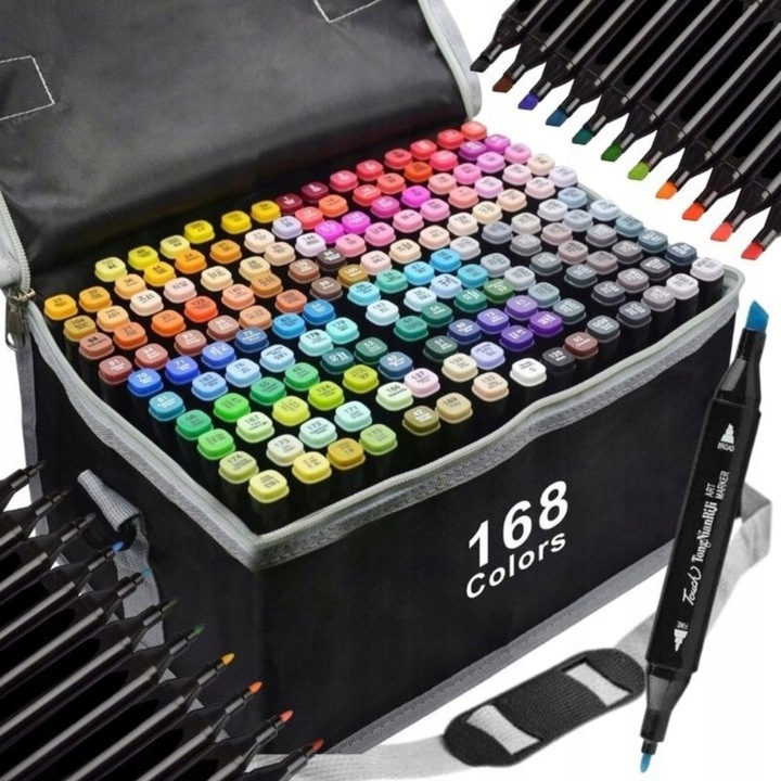 Markery 168 sztuk flamastry pisaki dwustronne alkoholowe precyzyjne + torba