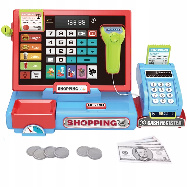 DUŻA KASA FISKALNA Sklepowa DLA DZIECI KALKULATOR Skaner DŹWIĘK MATADI AKC