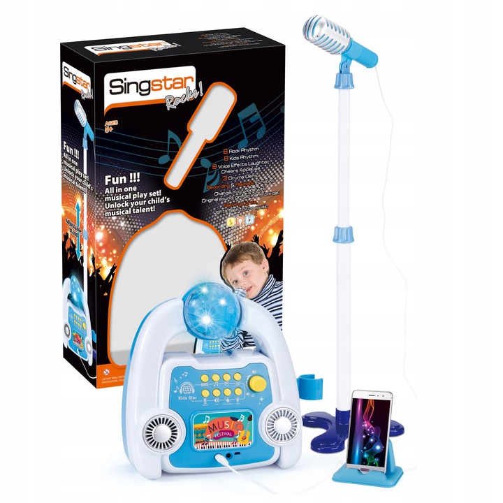 ZESTAW DO KARAOKE DLA DZIECI WZMACNIACZ + MIKROFON STATYW EFEKTY ŚWIATŁA