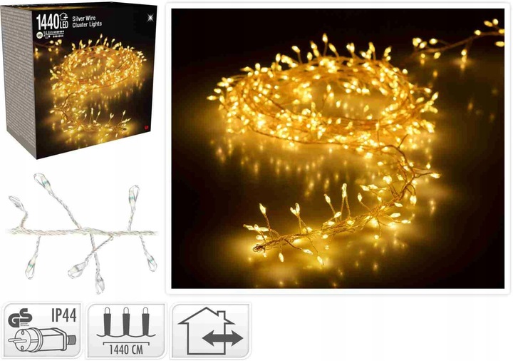 Lampki choinkowe 1440 LED biały ciepły 14,4 m cluster RYŻ SREBRNY DRUCIK