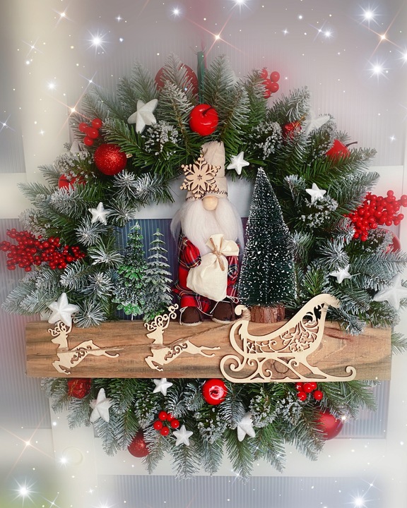 HANDMADE 50 Wianek Mikołaj świąteczny wieniec stroik na drzwi skrzat worek